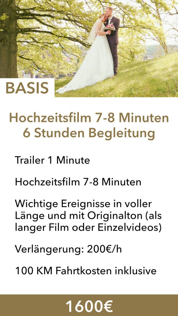 Preis für einen Hochzeitsfilm bei einer Begleitung von 6 Stunden.